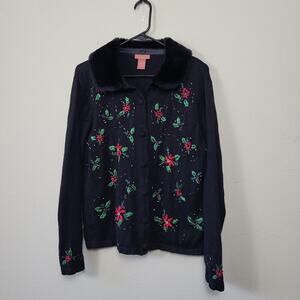 Traditions Womens Black Floral Long Sleeve Christmas Cardigan Sweater Size M‎